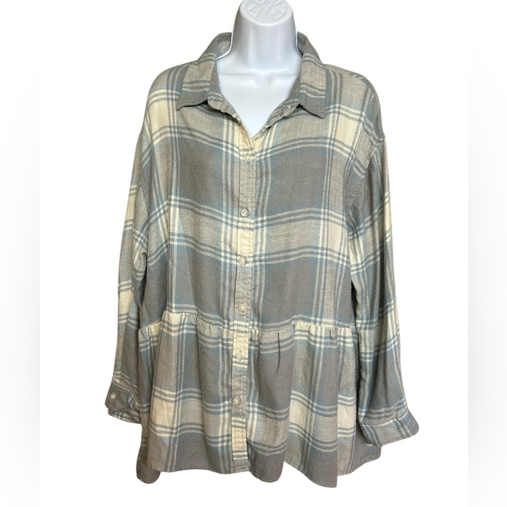American Eagle Flannel Gray Plaid Peplum Button Front Blouse Size L